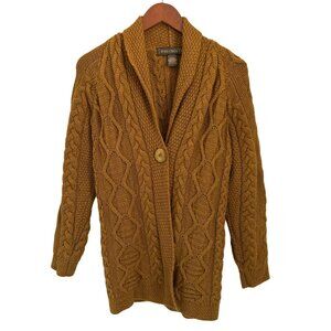 Inis Crafts Cable Knit Cardigan Sweater 100% Merino Wool Mustard Yellow Made In